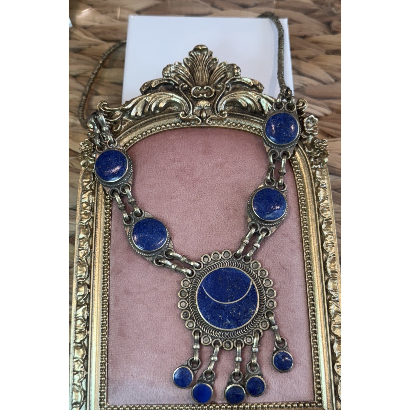 Vintage Lapis Lazuli Pendant Tribal Silver Tone Necklace